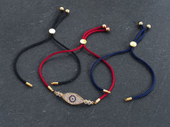 Navy Blue Adjustable Rope Slider Bolo Cord Bracelet Blank, 2mm, Gold Sliding Bead 1pc