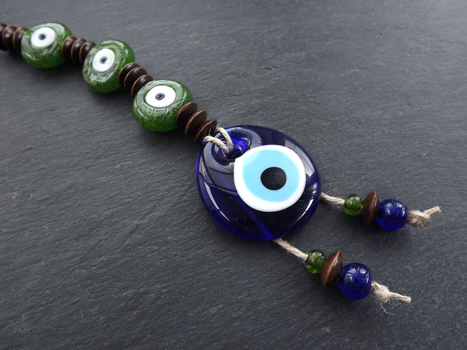 Green Brown Turkish Evil Eye Wall Hanging Home Garden Decoration with Evileye Traditional Artisan Beads - No:50 Green Brown Turkish Evil Eye Wall Hanging Home Garden Decoration with Evileye Traditional Artisan Beads - No:50