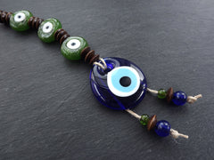 Green Brown Turkish Evil Eye Wall Hanging Home Garden Decoration with Evileye Traditional Artisan Beads - No:50