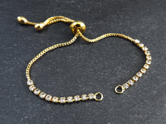 Adjustable Slider Bracelet Blank, Gold Rhinestone Box Chain Sliding Clasp Bracelet, Chain Connector, Jump Rings on Both Sides For Charm, 1pc
