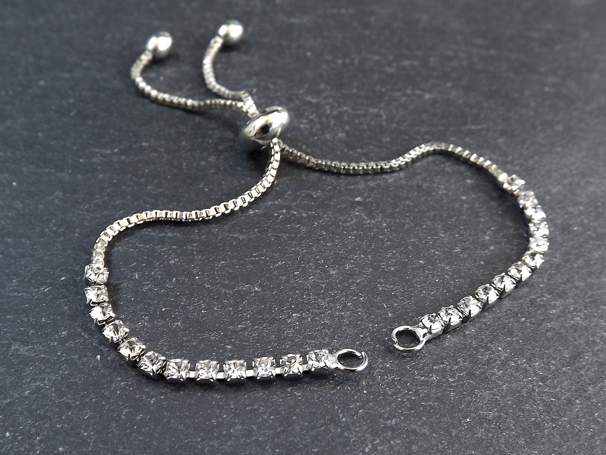 Adjustable Slider Bracelet Blank, Silver Rhinestone Box Chain Sliding Clasp Bracelet, Chain Connector, Jump Rings on Both Sides For Charm, 1pc Adjustable Slider Bracelet Blank, Silver Rhinestone Box Chain Sliding Clasp Bracelet, Chain Connector, Jump Rings on Both Sides For Charm, 1pc