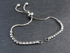 Adjustable Slider Bracelet Blank, Silver Rhinestone Box Chain Sliding Clasp Bracelet, Chain Connector, Jump Rings on Both Sides For Charm, 1pc