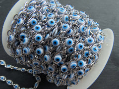 Evil Eye Chain, Moving Glass Beads, Marquee Crimped Link Chain 13x7mm, DIY Jewelry Making, Shiny Silver Plated Brass, Large, 50cm