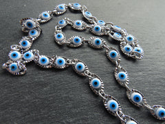 Evil Eye Chain, Moving Glass Beads, Marquee Crimped Link Chain 13x7mm, DIY Jewelry Making, Shiny Silver Plated Brass, Large, 50cm