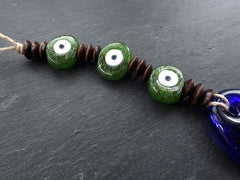 Green Brown Turkish Evil Eye Wall Hanging Home Garden Decoration with Evileye Traditional Artisan Beads - No:50