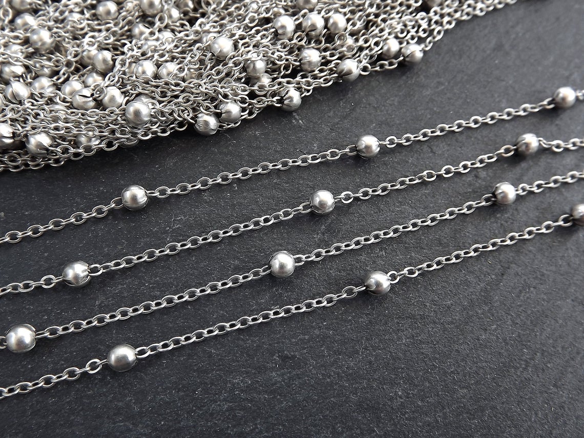Satellite Chain, Ball Beaded Chain, Delicate Cable Chain, Dew Drops Chain, Jewelry Making, Tarnish Resistant, Matte Antique Silver, 1 Meter Satellite Chain, Ball Beaded Chain, Delicate Cable Chain, Dew Drops Chain, Jewelry Making, Tarnish Resistant, Matte Antique Silver, 1 Meter