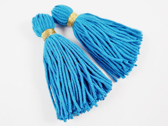 Long Blue Handmade Wool Thread Tassels - 3 inches - 75mm - 2 pc Long Blue Handmade Wool Thread Tassels - 3 inches - 75mm - 2 pc