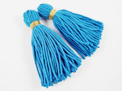 Long Blue Handmade Wool Thread Tassels - 3 inches - 75mm - 2 pc