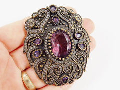 Large Purple Clear Rhinestone Crystal Pendant - Antique Bronze - 1PC - No:3