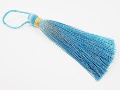 Extra Large Thick Maui Blue Thread Tassels - Gold Metallic Band - 4.4 inches - 113mm - 1 pc