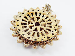 Large Round Flower Shaped Green & Clear Rhinestone Crystal Pendant - Antique Bronze - 1PC