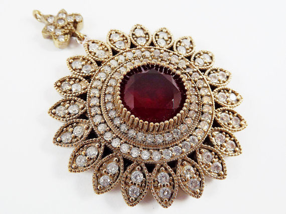 Large Round Flower Shaped Red & Clear Rhinestone Crystal Pendant - Antique Bronze - 1PC Large Round Flower Shaped Red & Clear Rhinestone Crystal Pendant - Antique Bronze - 1PC