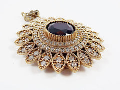 Large Round Flower Shaped Navy Blue & Clear Rhinestone Crystal Pendant - Antique Bronze - 1PC