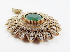 Large Round Flower Shaped Green & Clear Rhinestone Crystal Pendant - Antique Bronze - 1PC