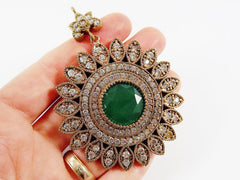 Large Round Flower Shaped Green & Clear Rhinestone Crystal Pendant - Antique Bronze - 1PC