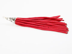 NEW Poppy Red Afghan Tibetan Heishi Tube Beaded Tassel - Handmade - Tibetan Style Shiny Silver Plated Cap - 83mm 1PC