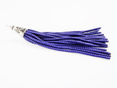 NEW Deep Royal Blue Afghan Tibetan Heishi Tube Beaded Tassel - Handmade - Tibetan Style Shiny Silver Plated Cap -89mm 1PC