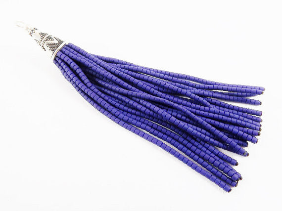 NEW Deep Royal Blue Afghan Tibetan Heishi Tube Beaded Tassel - Handmade - Tibetan Style Shiny Silver Plated Cap -89mm 1PC NEW Deep Royal Blue Afghan Tibetan Heishi Tube Beaded Tassel - Handmade - Tibetan Style Shiny Silver Plated Cap -89mm 1PC