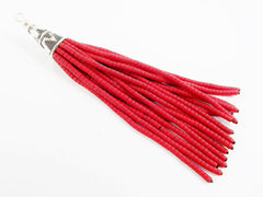 NEW Poppy Red Afghan Tibetan Heishi Tube Beaded Tassel - Handmade - Tibetan Style Shiny Silver Plated Cap - 83mm 1PC