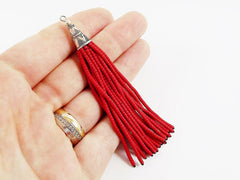 NEW Poppy Red Afghan Tibetan Heishi Tube Beaded Tassel - Handmade - Tibetan Style Shiny Silver Plated Cap - 83mm 1PC