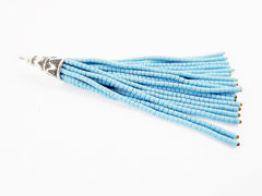 NEW Cool Blue Afghan Tibetan Heishi Tube Beaded Tassel - Handmade - Tibetan Style Shiny Silver Plated Cap -89mm 1PC