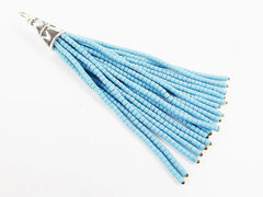 NEW Cool Blue Afghan Tibetan Heishi Tube Beaded Tassel - Handmade - Tibetan Style Shiny Silver Plated Cap -89mm 1PC
