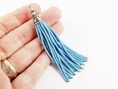 NEW Cool Blue Afghan Tibetan Heishi Tube Beaded Tassel - Handmade - Tibetan Style Shiny Silver Plated Cap -89mm 1PC