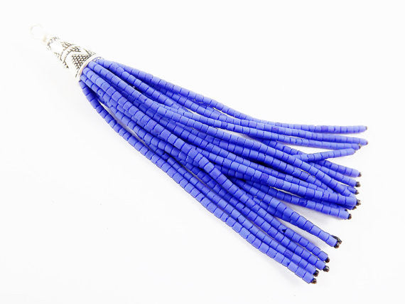 NEW Princess Blue Afghan Tibetan Heishi Tube Beaded Tassel - Handmade - Tibetan Style Shiny Silver Plated Cap -89mm 1PC NEW Princess Blue Afghan Tibetan Heishi Tube Beaded Tassel - Handmade - Tibetan Style Shiny Silver Plated Cap -89mm 1PC