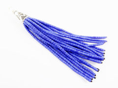 NEW Princess Blue Afghan Tibetan Heishi Tube Beaded Tassel - Handmade - Tibetan Style Shiny Silver Plated Cap -89mm 1PC