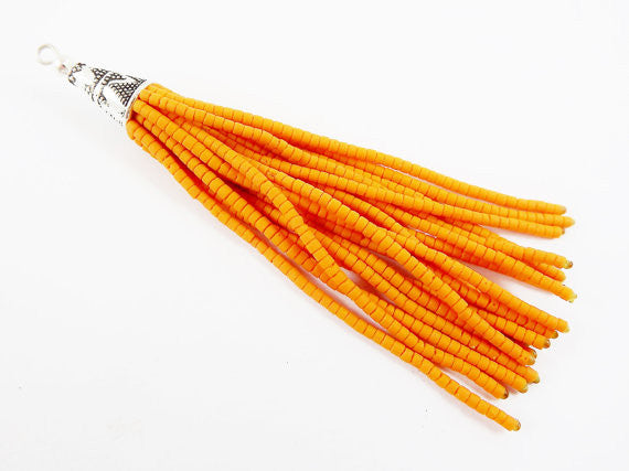 NEW Vibrant Orange Afghan Tibetan Heishi Tube Beaded Tassel - Handmade - Tibetan Style Shiny Silver Plated Cap - 92mm 1PC NEW Vibrant Orange Afghan Tibetan Heishi Tube Beaded Tassel - Handmade - Tibetan Style Shiny Silver Plated Cap - 92mm 1PC