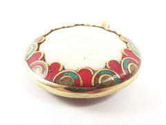 Large Round Conch Shell Tribal Pendant Red Coral and Turquoise Inlay - Nepalese Handmade Brass