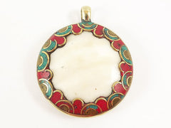 Large Round Conch Shell Tribal Pendant Red Coral and Turquoise Inlay - Nepalese Handmade Brass