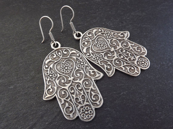 Hamsa Hand of Fatima Statement Tribal Ethnic Silver Earrings - Authentic Turkish Style Hamsa Hand of Fatima Statement Tribal Ethnic Silver Earrings - Authentic Turkish Style
