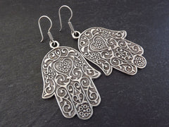 Hamsa Hand of Fatima Statement Tribal Ethnic Silver Earrings - Authentic Turkish Style