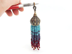 Large Long Aqua Blue, Smoky Blue, Garnet Red Facet Cut Jade Stone Beaded Tassel with Crystal Accents - Antique Bronze - 1PC
