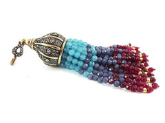 Large Long Aqua Blue, Smoky Blue, Garnet Red Facet Cut Jade Stone Beaded Tassel with Crystal Accents - Antique Bronze - 1PC