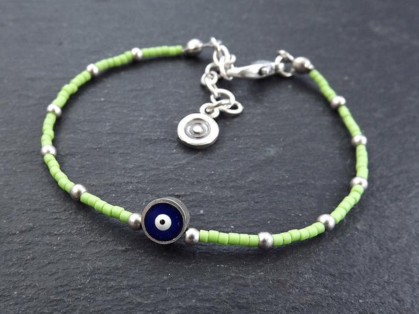 Light Green Evil Eye Bracelet, Good Luck Gift, Protective, Friendship Bracelet, Nazar, Silver