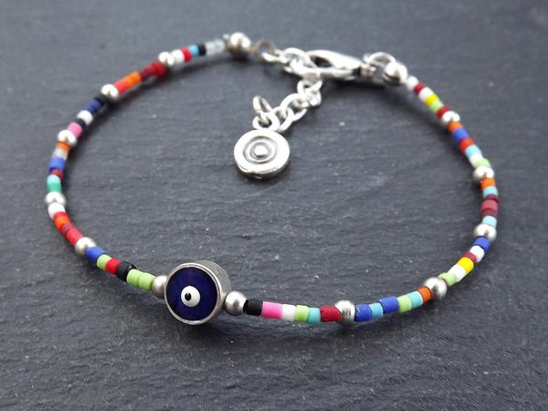 Rainbow Evil Eye Bracelet, Good Luck Gift, Protect Bracelet, Friendship Bracelet, Nazar, Silver