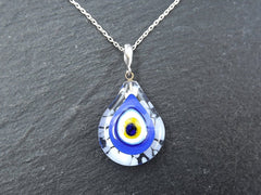 Blue White Evil Eye Necklace, Protective Turkish Nazar, Luck Gift, Sterling Silver 18 inch Chain