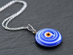 Blue Evil Eye Necklace, Protective Turkish Nazar, Good Luck Gift, Sterling Silver 18 inch Chain