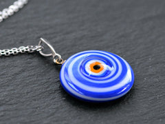Blue Evil Eye Necklace, Protective Turkish Nazar, Good Luck Gift, Sterling Silver 18 inch Chain
