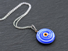 Blue Evil Eye Necklace, Protective Turkish Nazar, Good Luck Gift, Sterling Silver 18 inch Chain