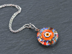 Orange Evil Eye Necklace, Protective Turkish Nazar, Good Luck Gift, Sterling Silver 18'' Chain