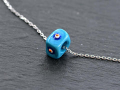 Blue Square Evil Eye Necklace, Protective Turkish Nazar, Good Luck Gift, Sterling Silver 18'' Chain