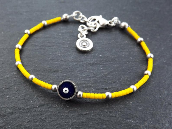 Yellow Evil Eye Bracelet, Good Luck Gift, Protective Bracelet, Friendship Bracelet, Nazar, Silver