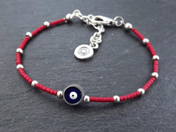 Red Evil Eye Bracelet, Good Luck Gift, Protect Bracelet,  Friendship Bracelet, Nazar, Silver
