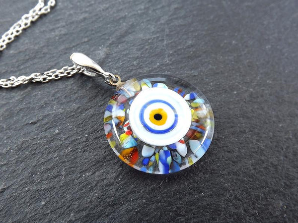 Colorful Evil Eye Necklace, Protective Turkish Nazar, Good Luck Gift, Sterling Silver 18''Chain