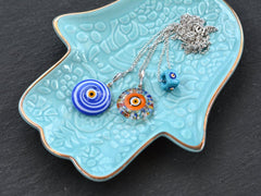 Blue Square Evil Eye Necklace, Protective Turkish Nazar, Good Luck Gift, Sterling Silver 18'' Chain