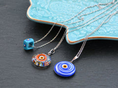 Blue Square Evil Eye Necklace, Protective Turkish Nazar, Good Luck Gift, Sterling Silver 18'' Chain