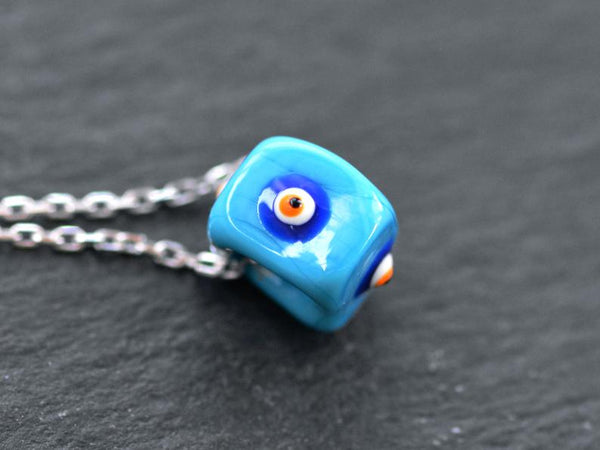 Blue Square Evil Eye Necklace, Protective Turkish Nazar, Good Luck Gift, Sterling Silver 18'' Chain